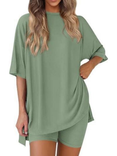 Casual Crew Neck Split Loose Shorts Short Sleeve Home Wear Suit