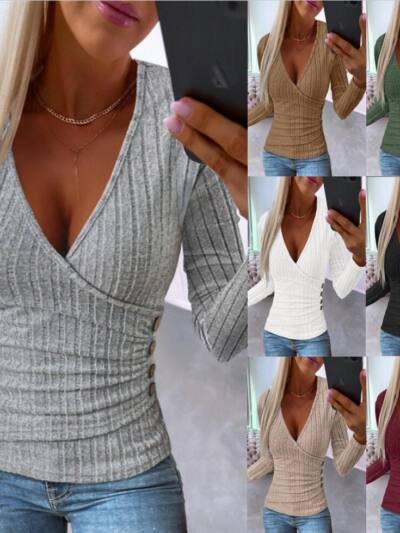 New Sunken Stripe Button Knitted Pullover V-neck Slim-fit Long-sleeved T-shirt For Women