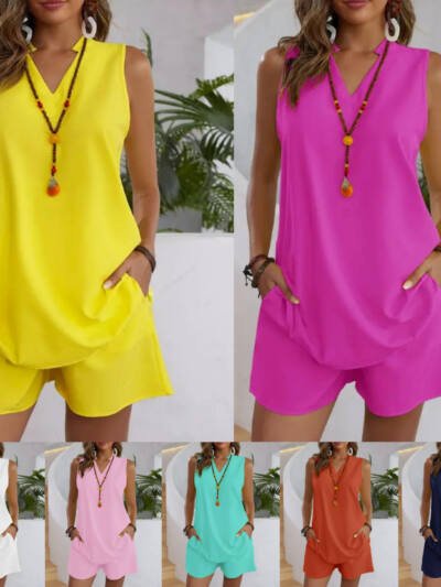 Solid Color Sleeveless Casual Top Loose Shorts Suit Women