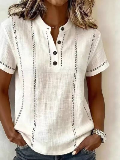Summer Striped Short-Sleeve Shirts Casual Stand-Collar V-neck Button Blouse Womens Clothing