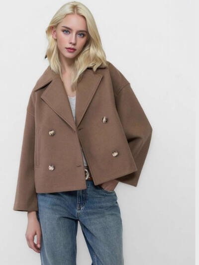 Double-breasted Lapel Blazer Jacket Fashion Loose Woolen Short Coat