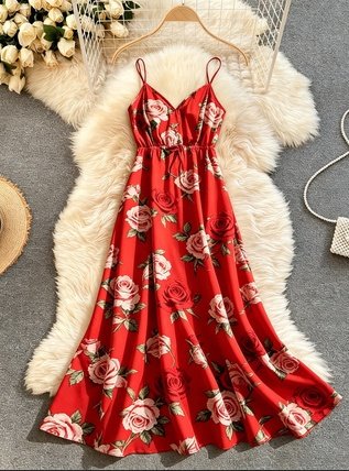Rose Print V-Neck Spaghetti Strap Waisted Maxi Dress