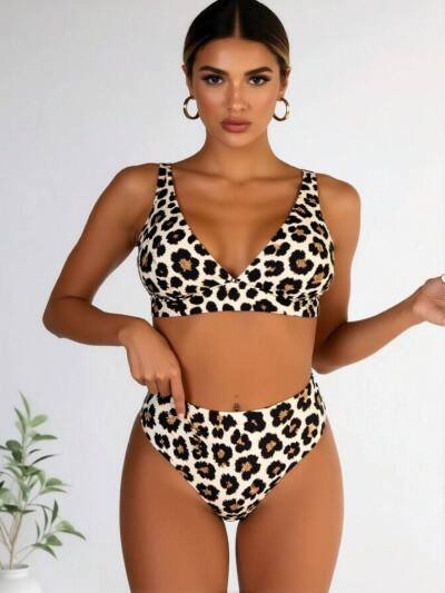 Classic Leopard Print High Waist Bikini Set, V Neck Bathing Suit