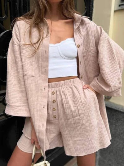 Cardigan Breasted Top Shorts Two-piece Set