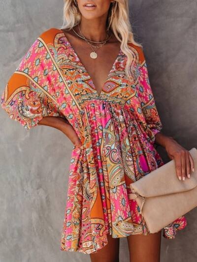 Sexy V-neck Waist Print Dress