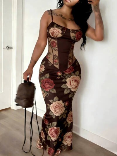 Digital-print Fitted Waistline Long Dress