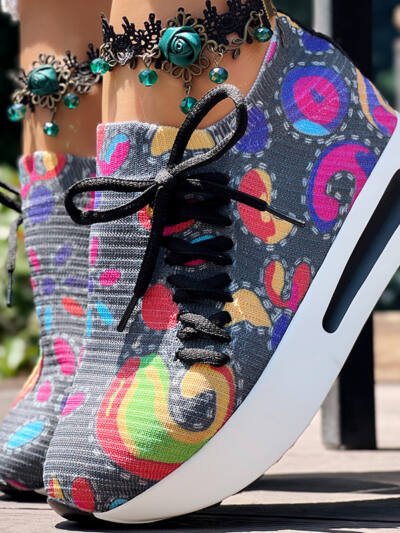 Women's Random Print Side Lace-Up Elastic Sport Shoes, Comfortable