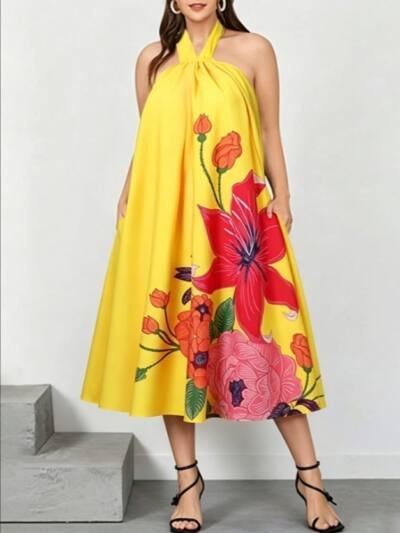 Yellow Large Floral Print Halter Neck Loose Midi Dress With Pockets