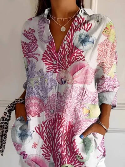Floral Print Long-sleeved Shirt Women's Casual Button Tops Clothing