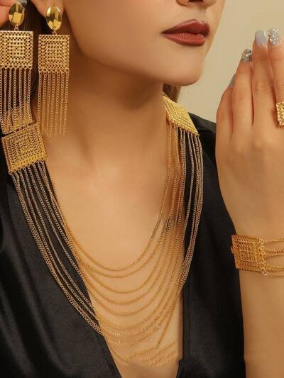 Ladies' Gold-plated Double-layer Tassel Long Necklace Set