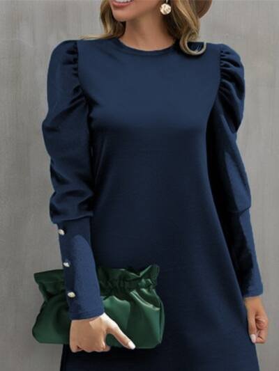 Round Neck Puff Sleeve Button Long Top