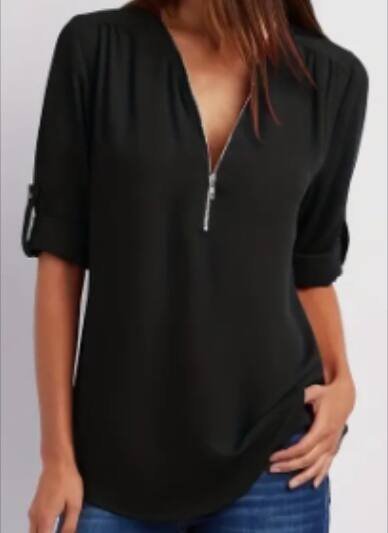 Ruched Half Zip Solid V Neck Casual Blouse, Rollable Sleeve Women's Clothing