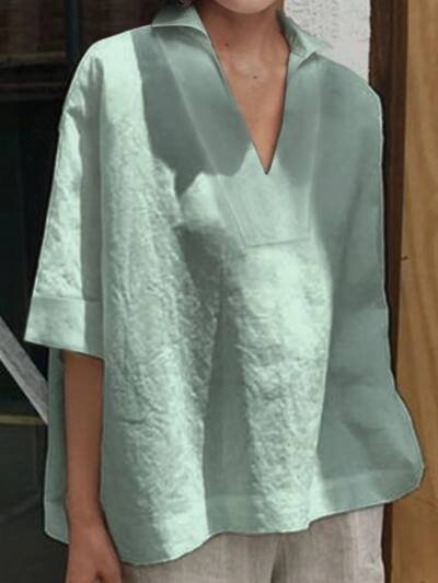 V-neck Cotton And Linen Short-sleeved Blouse