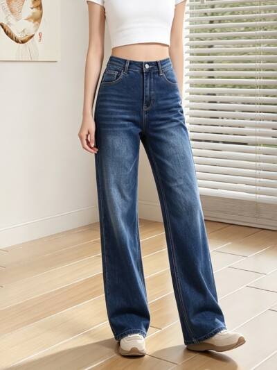 Women's High Waist Dark Wash Flared Jeans, Classic Stretch Denim