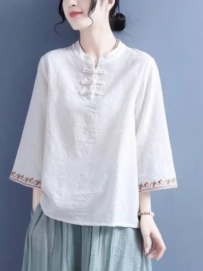 Artistic Cotton Linen Jacquard Embroidered Bell Sleeve Shirt