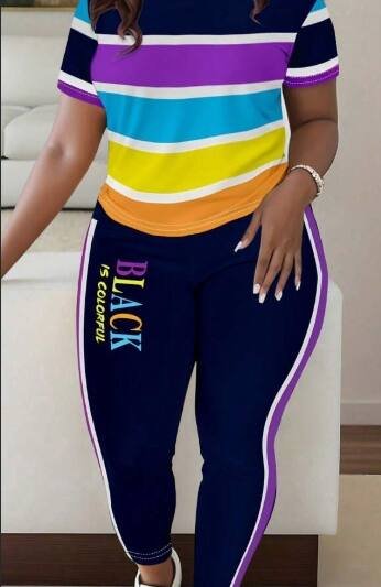 Women Fashionable Colorful Stripe Print T-Shirt And Pants Casual Set