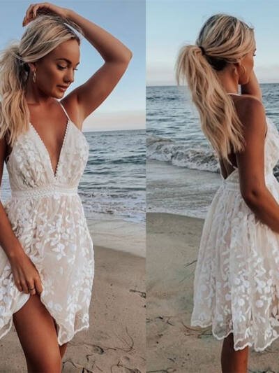 Lace long skirt V-neck back dress