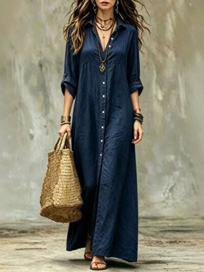 Shirt-collar Floor-length Casual Simple Long Dress