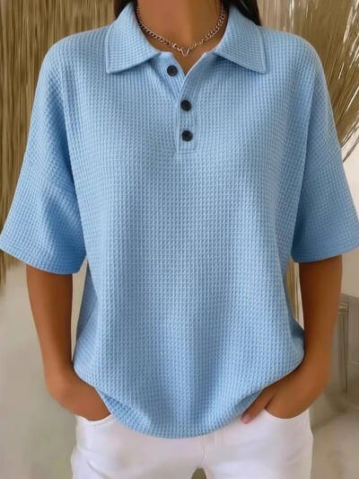 Buttoned Waffle-knit Short-sleeve T-shirt Solid-color Pullover Top