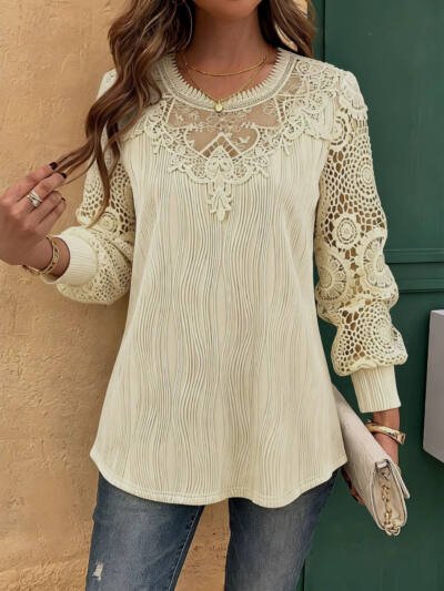 Lace-trimmed Wave-patterned Panel-seam Womens Long-sleeve Blouse