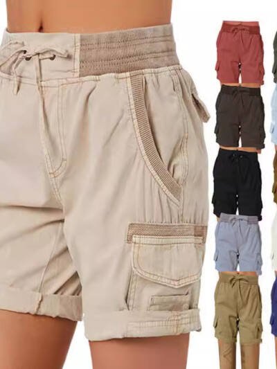 High Waist Drawstring Cargo Shorts