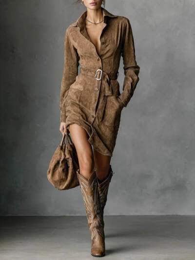 Women's Long-sleeved Blouse Dress With Belt