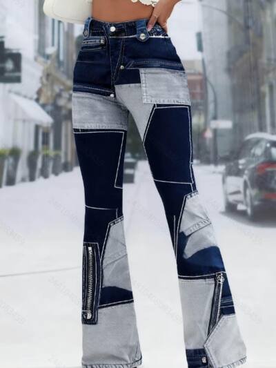 Vintage Patchwork Denim Flared Pants High-Waist Contrast Color Zipper