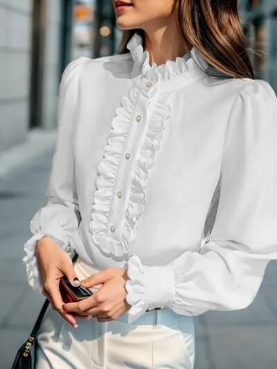 Fashionable Stand-up Collar Long-sleeved Shirt With Lotus Leaf Hem