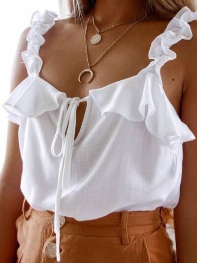 Women's Ruffle Strap Tie Front Cami Top V Neck Sleeveless Blouse