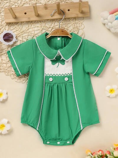 Baby Green Lapel Short Sleeve Romper Clover Print Button Detail