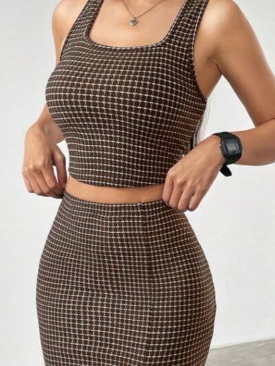 Women Plaid Square Collar Cropped Tank Top And Bodycon Mini Skirt Set