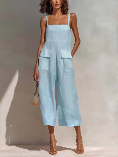 Fashionable And Elegant Cotton-Linen Sleeveless Jumpsuit With Thin