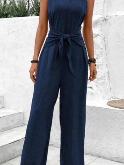 Blue V-Neck Twist Strap Jumpsuit