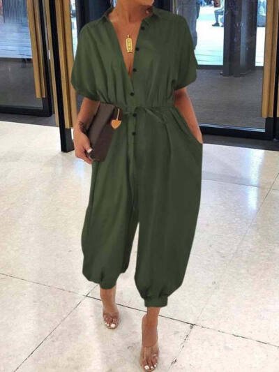 Women's Retro Short Sleeve Button Jumpsuit