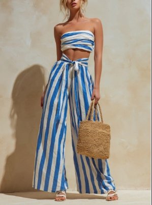 Bandeau Crop Top And High Waisted Wide Leg Pants Set For Beach