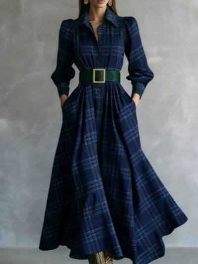 Plaid Shirt Collar Fitted Waist Casual Long Sleeve Dress
