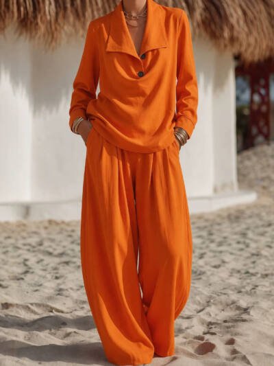 Womens Casual Long-sleeve Lapel Top And Loose-fitting Trousers Set