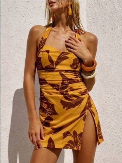 Halter Leaf Print Side Ruched High Slit Mini Dress