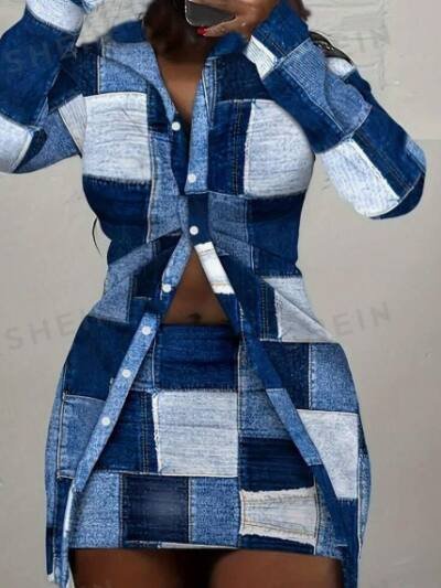 Printed Button Down Shirt And Skirt Women Color Block Spring Summer