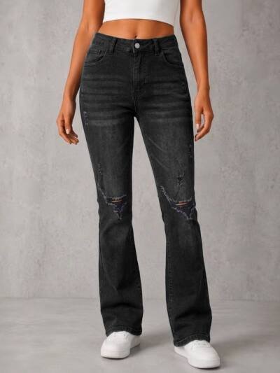 High Waist Black Washed Ripped Flare Jeans Women Faded Distressed