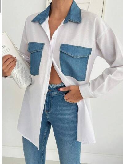 OVERSIZE WHITE SHIRT WITH DENIM POCKET DETAIL