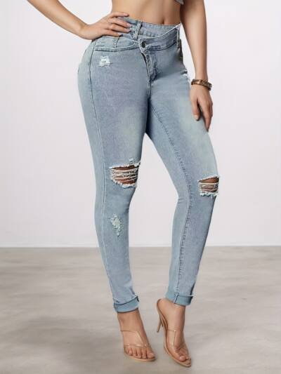 Tear Washed Denim Jeans, Women's Slim Fit Small Foot Design Fit