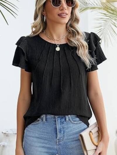 Summer Pleated Short Sleeve Round Neck Top Business Work Shirt