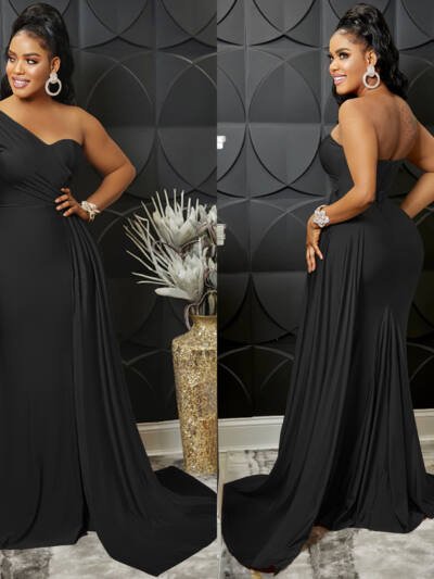 Solid-color Party Bodycon One-shoulder Sleeve Dress