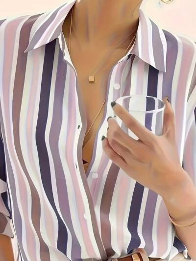 Color Blocking Temperament Striped Shirt For Women