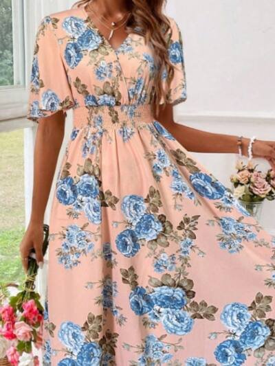 Women's Floral Print Cinching Waist Dress