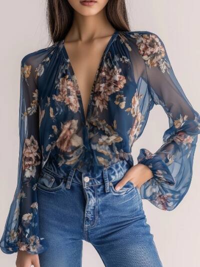 Casual Floral Print Deep V-neck Bell Sleeve Loose Long-sleeved Shirt