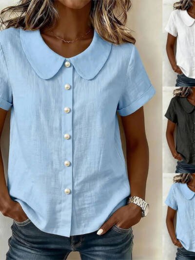 Womens Solid-Colored Short-Sleeve Casual Loose Cotton-Linen Shirt