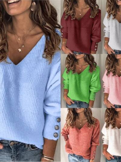Knitted V-neck Loose Long-sleeved T-shirt