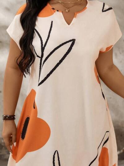Plus Size Floral Print Notch Neck Batwing Sleeve Summer Dress
